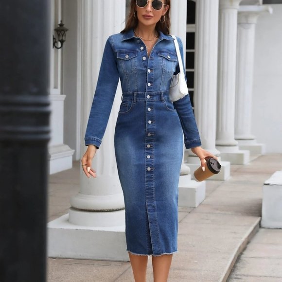 Medium Elegant Womens Wash Flap Pocket Raw Cut Denim Dress - Picture 2 of 5